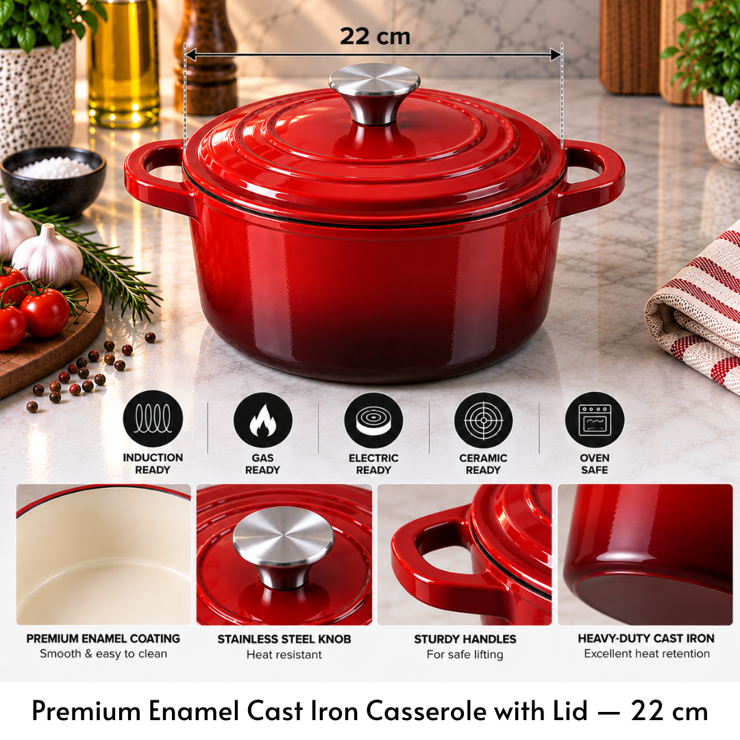 22cm Enamel Cast Iron Casserole with Lid – Red