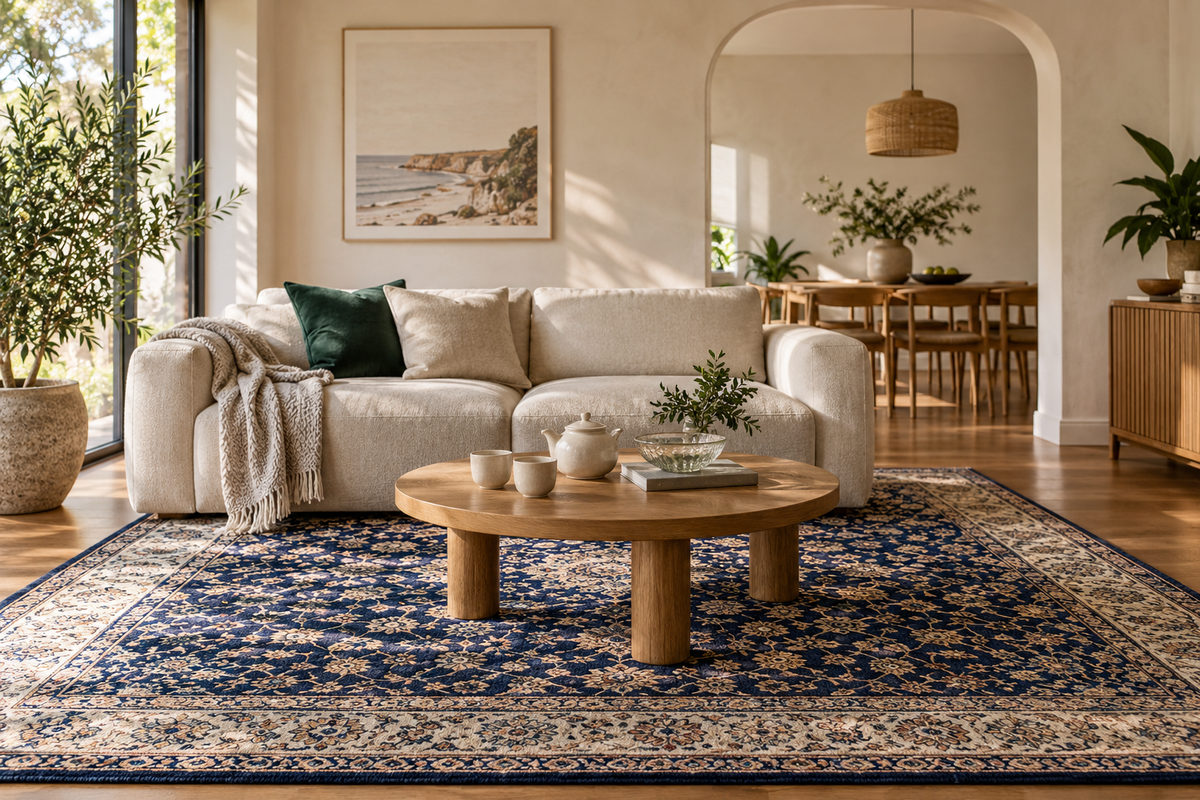Editorial home inspiration: a patterned rug, ceramic tea setting and soft textiles in a sunlit living room.