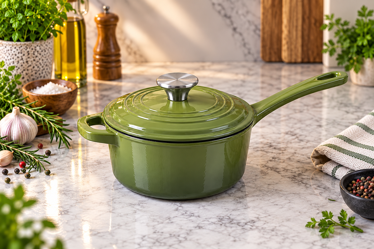 Olive-green enamel saucepan with herbs and ingredients on a sunlit kitchen countertop.