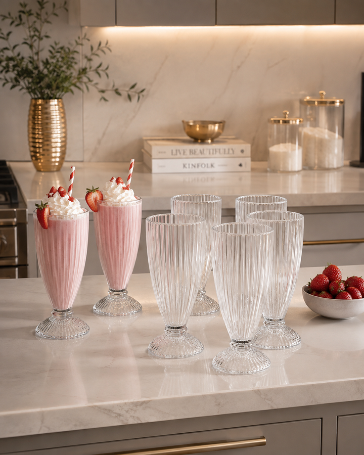 6pcs Ribbed Glass Milkshake & Dessert Cups