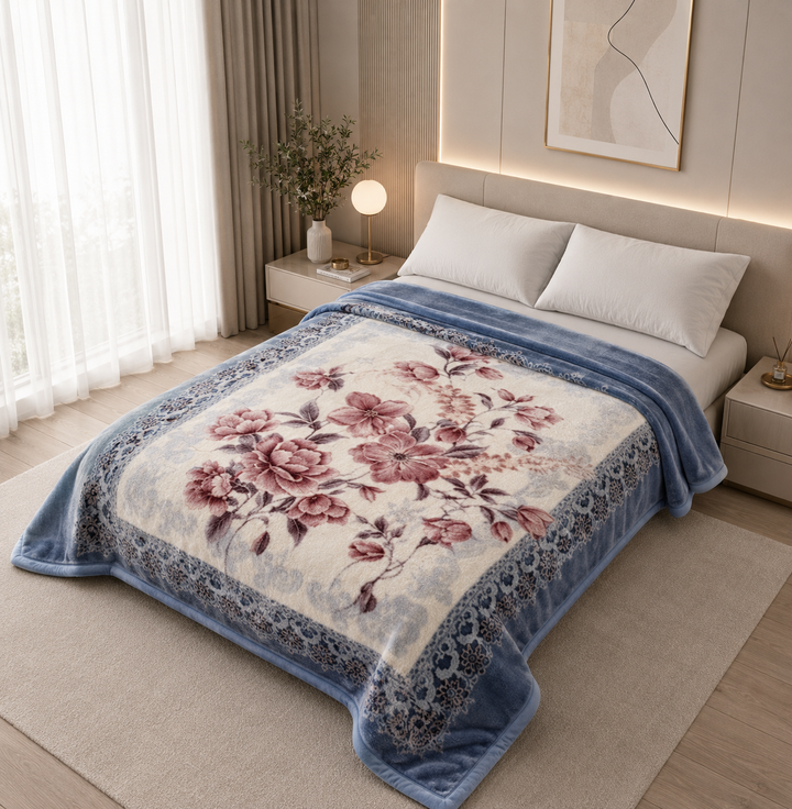 Queen Floral Mink Blanket – Double Layer 200 x 220cm