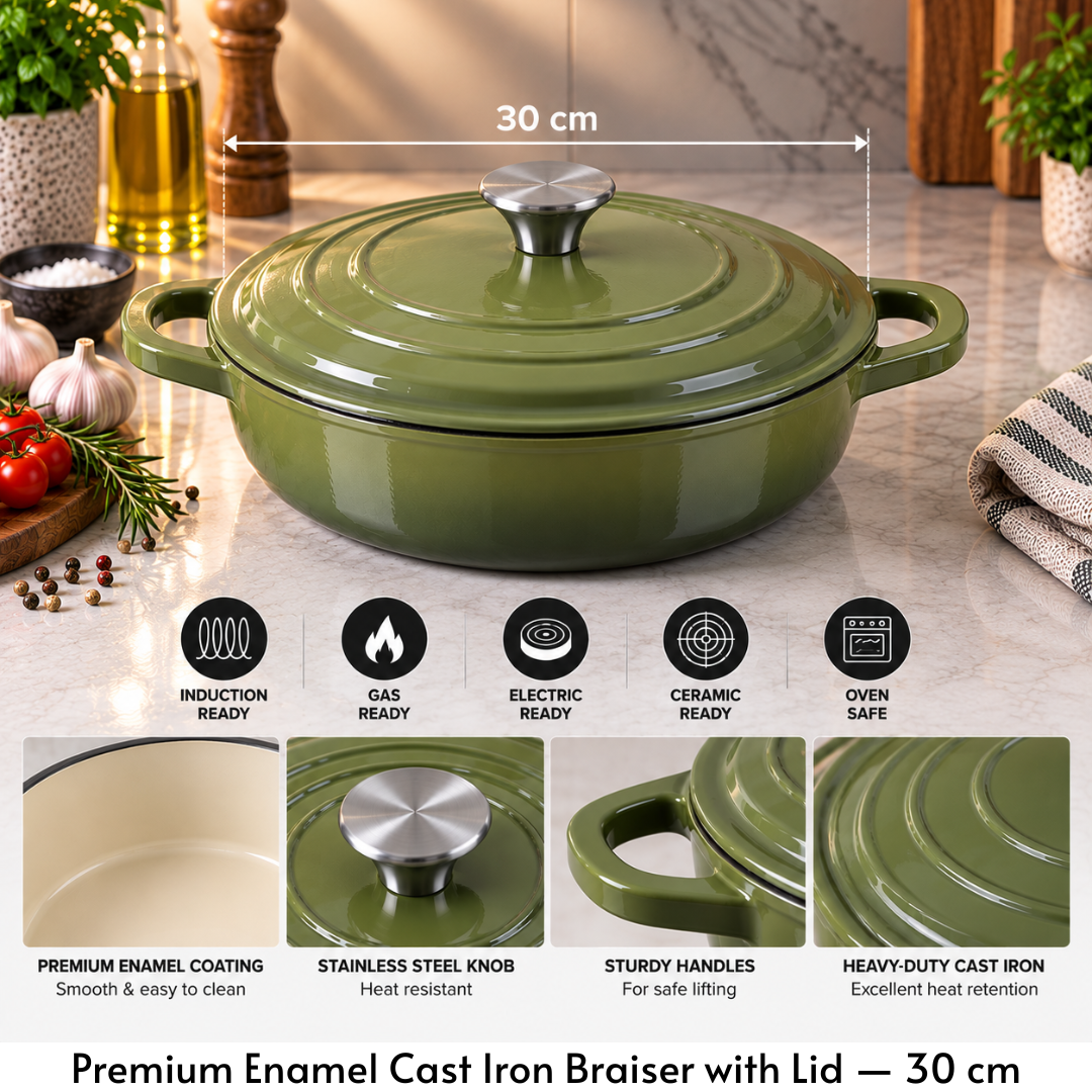 30cm Enamel Cast Iron Braiser with Lid – Olive Green
