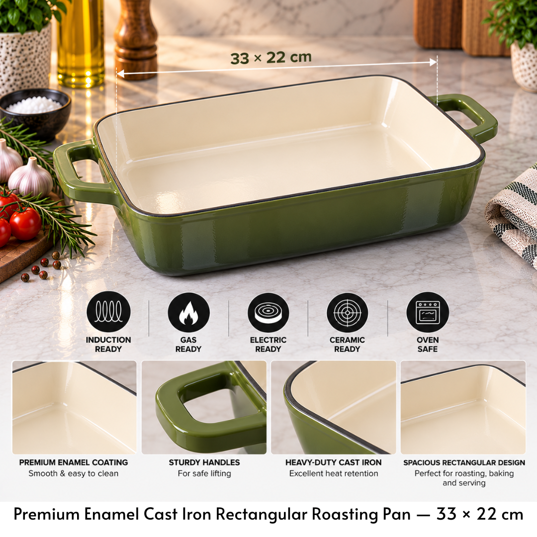 33 × 22cm Cast Iron Rectangular Roasting Pan – Olive Green