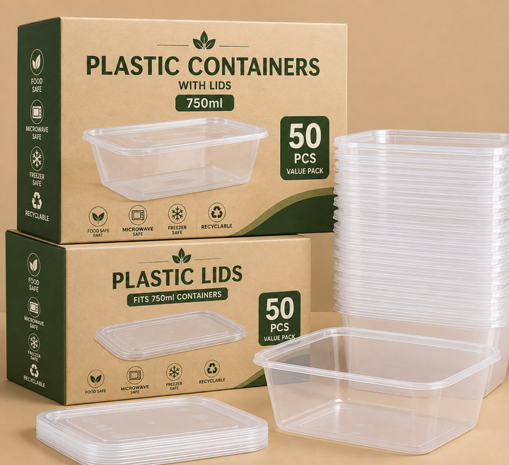 750ml Plastic Food Containers with Lids – 50 Pack
