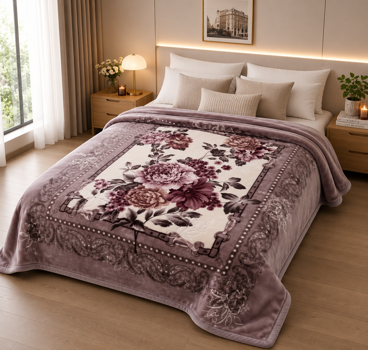 Queen Floral Mink Blanket – Double Layer 200 x 220cm