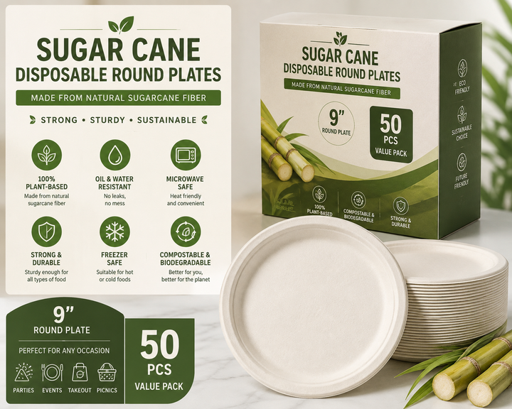 9" Sugar Cane Disposable Round Plate (50 Pack)