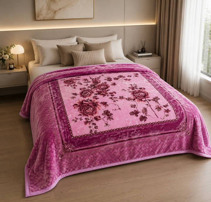 Queen Floral Mink Blanket – Double Layer 200 x 220cm