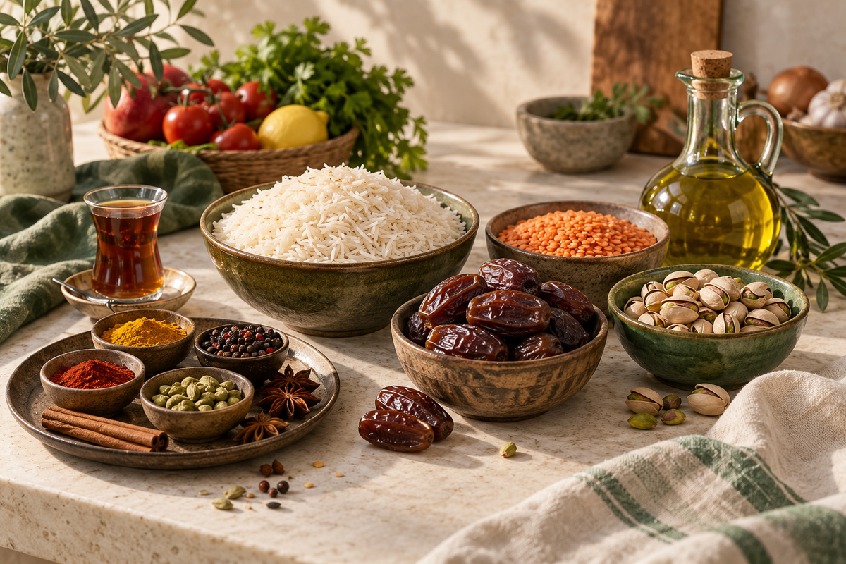Rice, dates, nuts, lentils, tea and spices arranged in a warm, sunlit pantry.